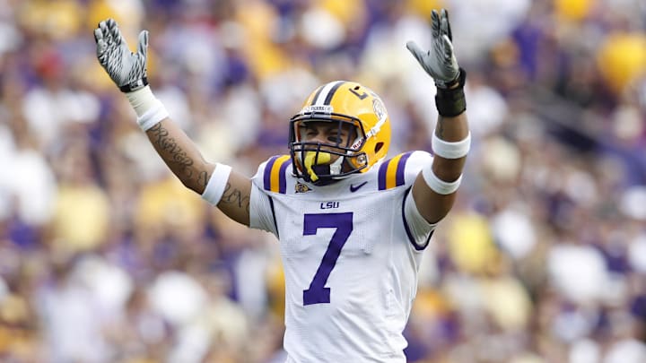 November 25, 2011; Baton Rouge, LA, USA; LSU Tigers cornerback Tyrann Mathieu (7) raises his arms to the fans during the first half against the Arkansas Razorbacks at Tiger Stadium. LSU defeated Arkansas 41-17. Mandatory Credit: Crystal LoGiudice-Imagn Images November 25, 2011; Baton Rouge, LA, USA; LSU Tigers cornerback Tyrann Mathieu (7) raises his arms to the fans during the first half against the Arkansas Razorbacks at Tiger Stadium. LSU defeated Arkansas 41-17. Mandatory Credit: Crystal LoGiudice-Imagn Images