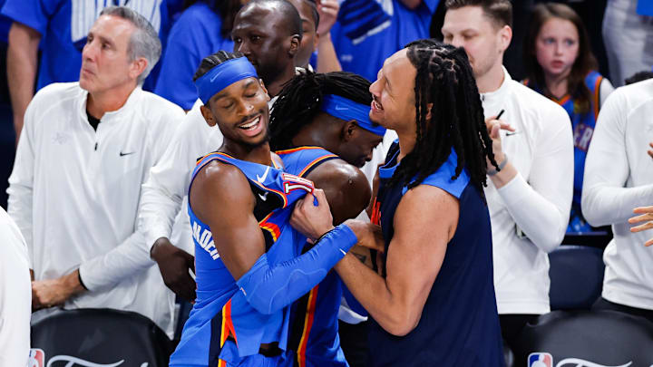 Jun 22, 2025; Oklahoma City, Oklahoma, USA; Oklahoma City Thunder guard Shai Gilgeous-Alexander (2) celebrates with Oklahoma City Thunder forward Jaylin Williams (6) during the fourth quarter of game seven of the 2025 NBA Finals against the Indiana Pacers at Paycom Center.  Mandatory Credit: Alonzo Adams-Imagn Images
