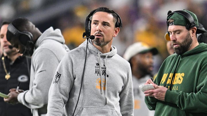 Dec 29, 2024; Minneapolis, Minnesota, USA; Green Bay Packers head coach Matt LaFleur looks on during the second quarter against the Minnesota Vikings at U.S. Bank Stadium. Mandatory Credit: Jeffrey Becker-Imagn Images