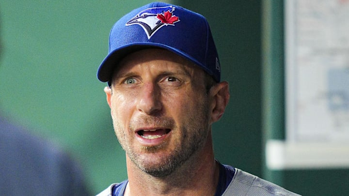 Sept. 19, 2025; Kansas City, Missouri, USA; Toronto Blue Jays starting pitcher Max Scherzer (31) reacts after exiting the game during the first inning against the Kansas City Royals at Kauffman Stadium. Sept. 19, 2025; Kansas City, Missouri, USA; Toronto Blue Jays starting pitcher Max Scherzer (31) reacts after exiting the game during the first inning against the Kansas City Royals at Kauffman Stadium.