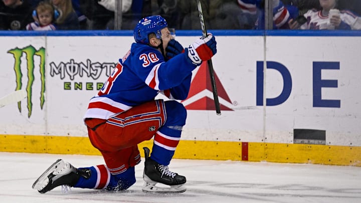 Mar 29, 2026; New York, New York, USA; New York Rangers left wing Adam Sykora (38) celebrates his goal against the Florida Panthers during the third period at Madison Square Garden. Mandatory Credit: Dennis Schneidler-Imagn Images Mar 29, 2026; New York, New York, USA; New York Rangers left wing Adam Sykora (38) celebrates his goal against the Florida Panthers during the third period at Madison Square Garden. Mandatory Credit: Dennis Schneidler-Imagn Images