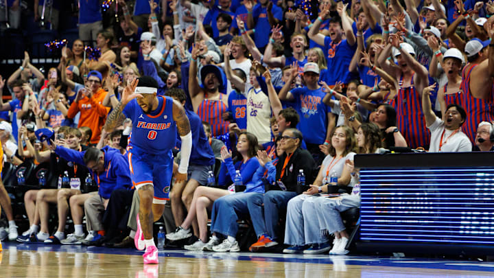 Jan 10, 2026; Gainesville, Florida, USA; Florida Gators guard Boogie Fland (0) gestures after making a three point basket against the Tennessee Volunteers during the first half at Exactech Arena at the Stephen C. O'Connell Center. Mandatory Credit: Matt Pendleton-Imagn Images