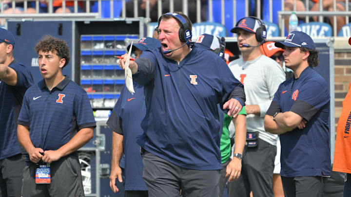 Sep 6, 2025; Durham, North Carolina, USA;  Illinois Fighting Illini head coach Bret Bielema reacts during the third quarter against the Duke Blue Devils at Wallace Wade Stadium. Mandatory Credit: Zachary Taft-Imagn Images