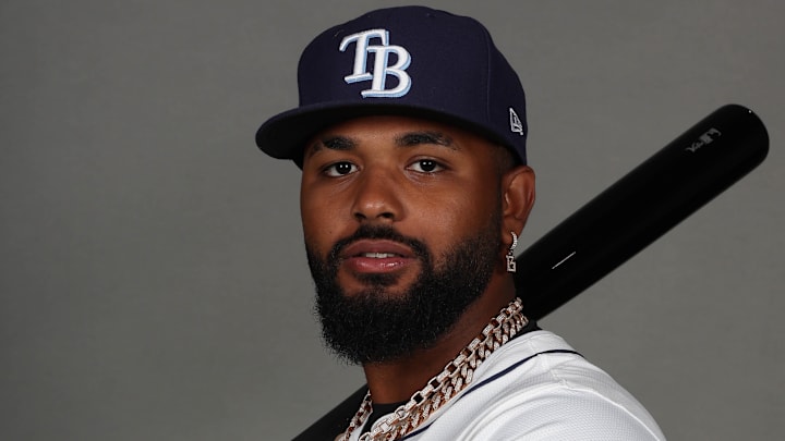 Feb 19, 2026; PortCharlotte, FL, USA; Tampa Bay Rays third baseman Junior Caminero (13) poses for a photo during media day.