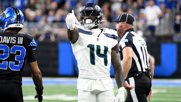 Sep 30, 2024; Detroit, Michigan, USA; Seattle Seahawks wide receiver DK Metcalf (14) celebrates against the Detroit Lions in the first quarter at Ford Field. Mandatory Credit: Eamon Horwedel-Imagn Images Sep 30, 2024; Detroit, Michigan, USA; Seattle Seahawks wide receiver DK Metcalf (14) celebrates against the Detroit Lions in the first quarter at Ford Field. Mandatory Credit: Eamon Horwedel-Imagn Images