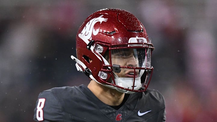 Nov 9, 2024; Pullman, Washington, USA; Washington State Cougars wide receiver Carlos Hernandez (8) lines up for a play against the Utah State Aggies in the second half at Gesa Field at Martin Stadium. Mandatory Credit: James Snook-Imagn Images Nov 9, 2024; Pullman, Washington, USA; Washington State Cougars wide receiver Carlos Hernandez (8) lines up for a play against the Utah State Aggies in the second half at Gesa Field at Martin Stadium. Mandatory Credit: James Snook-Imagn Images