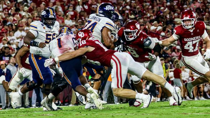 Oklahoma linebacker Cole Sullivan tackles UTEP quarterback EJ Colson in Friday's 51-0 win over the Miners. 