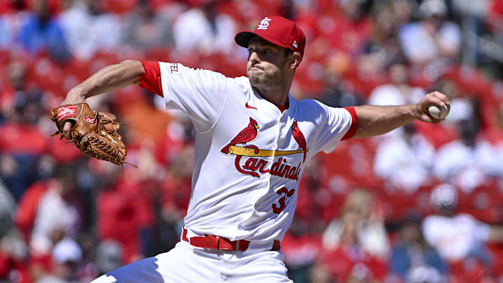 Apr 6, 2024; St. Louis, Missouri, USA;  St. Louis Cardinals starting pitcher Steven Matz (32) pitches against the Miami Marlins during the first inning at Busch Stadium. Mandatory Credit: Jeff Curry-Imagn Images