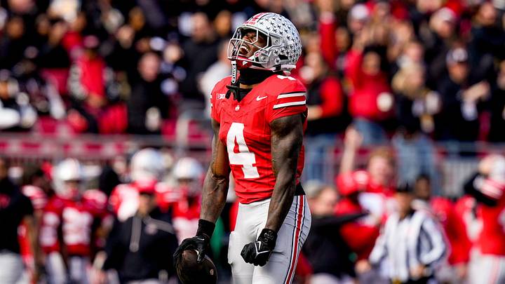 Ohio State receiver Jeremiah Smith celebrates after catching a pass Ohio State receiver Jeremiah Smith celebrates after catching a pass