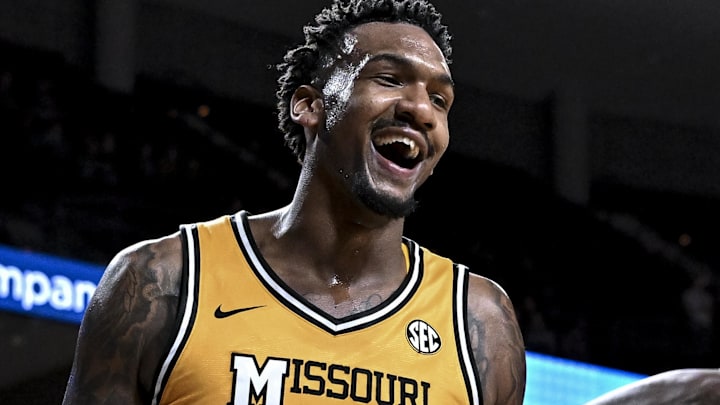Feb 11, 2026; College Station, Texas, USA; Missouri Tigers center Shawn Phillips Jr. (15) reacts during the first half against the Texas A&M Aggies at Reed Arena. Mandatory Credit: Maria Lysaker-Imagn Images  