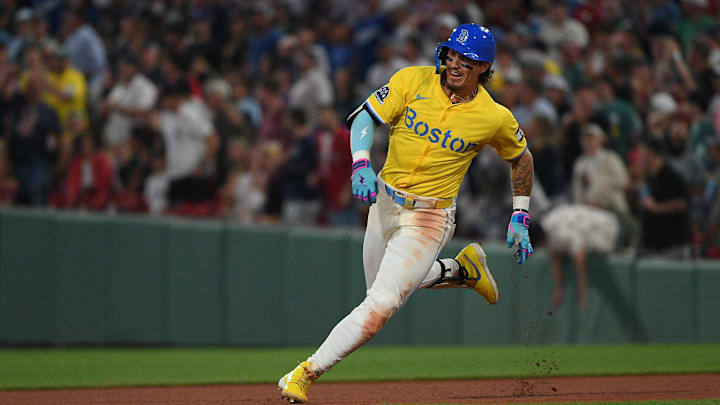 Jul 26, 2025; Boston, Massachusetts, USA; Boston Red Sox left fielder Jarren Duran (16) runs the bases en route to his second triple of the day during the sixth inning against the Los Angeles Dodgers at Fenway Park. Mandatory Credit: Bob DeChiara-Imagn Images Jul 26, 2025; Boston, Massachusetts, USA; Boston Red Sox left fielder Jarren Duran (16) runs the bases en route to his second triple of the day during the sixth inning against the Los Angeles Dodgers at Fenway Park. Mandatory Credit: Bob DeChiara-Imagn Images
