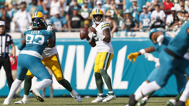 Green Bay Packers backup QB Malik Willis looks to pass during the Jacksonville Jaguars on Sunday.
