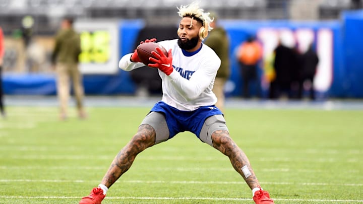New York Giants wide receiver Odell Beckham Jr. catches the ball during warm ups. The New York
