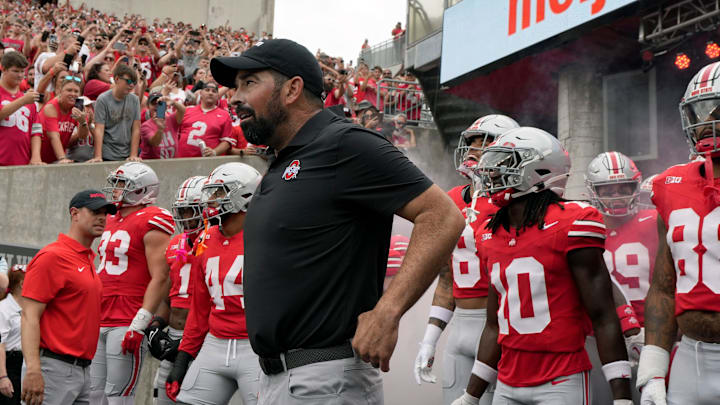 August 31, 2024; Columbus, Ohio, USA;
Ohio State Buckeyes head coach Ryan Day prepares to take the field for Saturday’s NCAA Division I football game against the Akron Zips at Ohio Stadium.