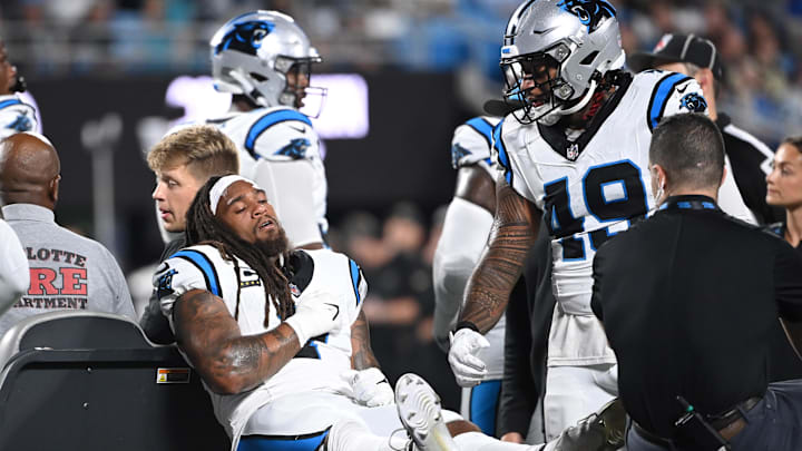 Then Carolina Panthers linebacker Shaq Thompson (7) is shown after breaking his fibula in 2023.