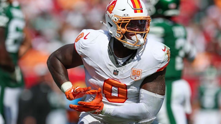 Sep 21, 2025; Tampa, Florida, USA; Tampa Bay Buccaneers linebacjker Yaya Diaby (0) reacts after a play against the New York Jets in the fourth quarter at Raymond James Stadium. Mandatory Credit: Nathan Ray Seebeck-Imagn Images Sep 21, 2025; Tampa, Florida, USA; Tampa Bay Buccaneers linebacjker Yaya Diaby (0) reacts after a play against the New York Jets in the fourth quarter at Raymond James Stadium. Mandatory Credit: Nathan Ray Seebeck-Imagn Images