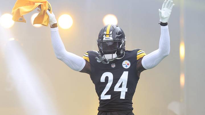 Oct 12, 2025; Pittsburgh, Pennsylvania, USA;   Pittsburgh Steelers cornerback Joey Porter Jr. (24) reacts as he takes the field against the Cleveland Browns at Acrisure Stadium. Mandatory Credit: Charles LeClaire-Imagn Images