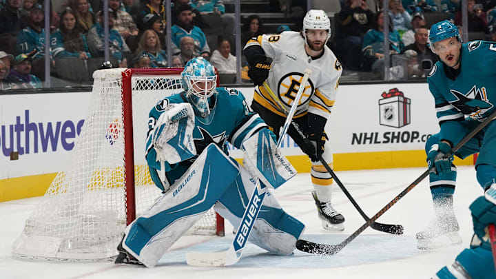 Nov 23, 2025; San Jose, California, USA; San Jose Sharks goaltender Yaroslav Askarov (30) and San Jose Sharks defenseman Vincent Desharnais (5) defend the goal as Boston Bruins center Pavel Zacha (18) waits for a pass in the first period at SAP Center in San Jose. Mandatory Credit: David Gonzales-Imagn Images Nov 23, 2025; San Jose, California, USA; San Jose Sharks goaltender Yaroslav Askarov (30) and San Jose Sharks defenseman Vincent Desharnais (5) defend the goal as Boston Bruins center Pavel Zacha (18) waits for a pass in the first period at SAP Center in San Jose. Mandatory Credit: David Gonzales-Imagn Images