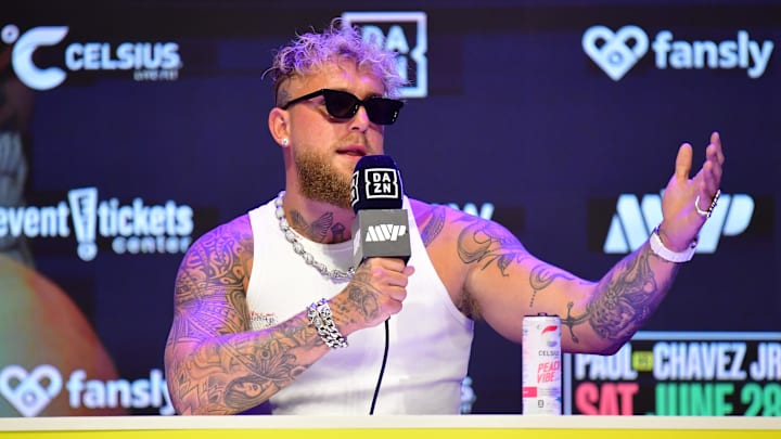 May 14, 2025; Los Angeles, California, USA; Jake Paul speaks at press conference in anticipation of his fight against Julio Cesar Chavez Jr. at Avalon Hollywood Theater. Mandatory Credit: Gary A. Vasquez-Imagn Images