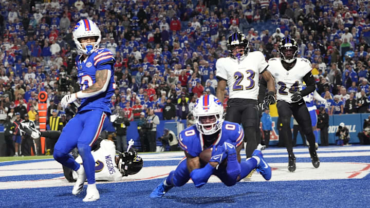 Ravens cornerback Jaire Alexander (23) watches Bills wide receiver Keon Coleman (0) score a touchdown Ravens cornerback Jaire Alexander (23) watches Bills wide receiver Keon Coleman (0) score a touchdown