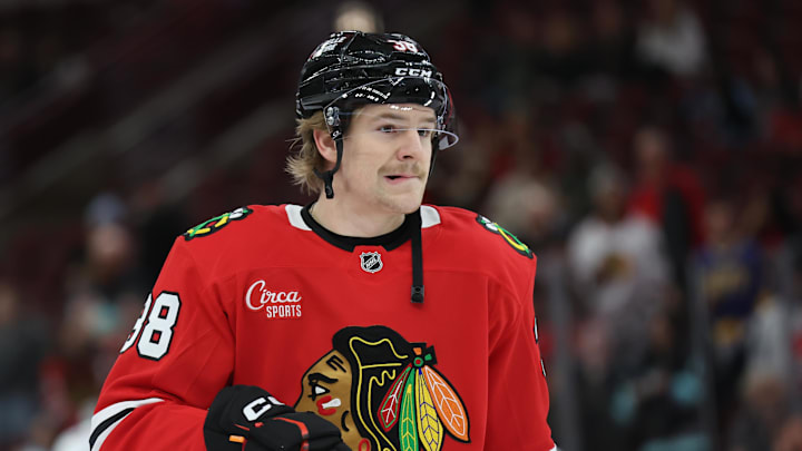 Mar 18, 2025; Chicago, Illinois, USA; Chicago Blackhawks defenseman Ethan Del Mastro (38) warms up before a game against the Seattle Kraken at United Center. Mandatory Credit: Talia Sprague-Imagn Images