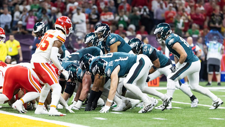 Feb 9, 2025; New Orleans, LA, USA; Philadelphia Eagles  quarterback Jalen Hurts (1) lines up for the tush push play on the goal line against the Kansas City Chiefs during Super Bowl LIX at Ceasars Superdome. Mandatory Credit: Mark J. Rebilas-Imagn Images