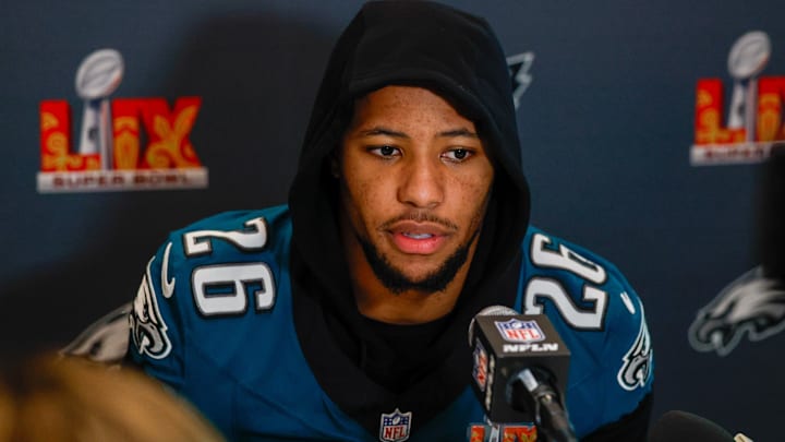 Feb 6, 2025; New Orleans, LA, USA;  Philadelphia Eagles running back Saquon Barkley (26) during a press conference in advance of Super Bowl LIX at New Orleans Marriott. Mandatory Credit: Stephen Lew-Imagn Images