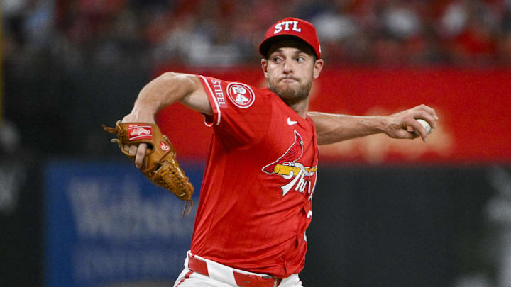 Sep 20, 2024; St. Louis, Missouri, USA;  St. Louis Cardinals relief pitcher Steven Matz (32) pitches against the Cleveland Guardians during the seventh inning at Busch Stadium.