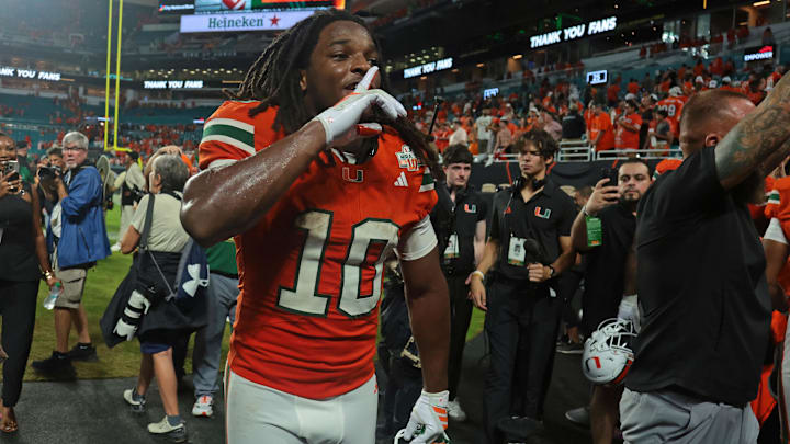 Aug 31, 2025; Miami Gardens, Florida, USA; Miami Hurricanes wide receiver Malachi Toney (10)  reacts after defeating the Notre Dame Fighting Irish at Hard Rock Stadium. Mandatory Credit: Sam Navarro-Imagn Images
