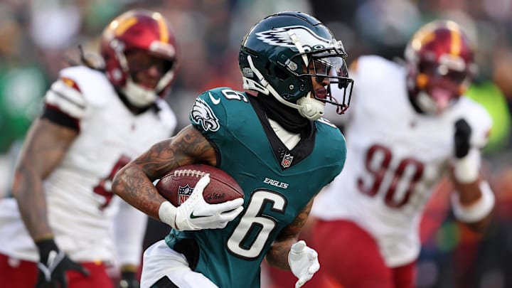 Philadelphia Eagles wide receiver DeVonta Smith (6) runs with the ball against the Washington Commanders during the first half in the NFC Championship game at Lincoln Financial Field. 