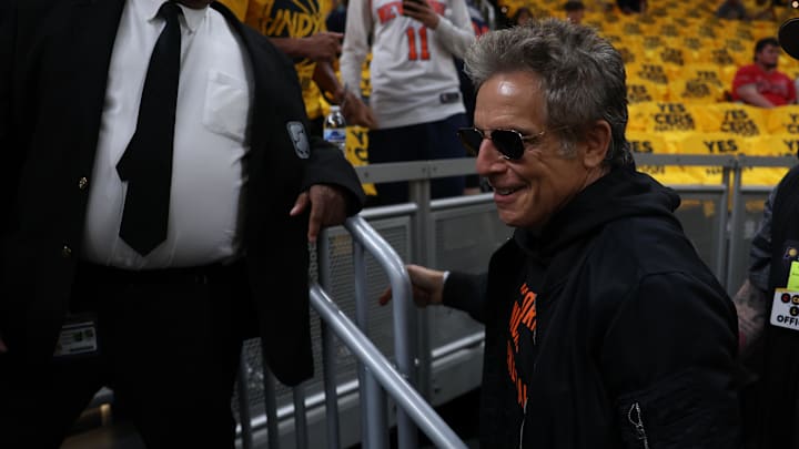 May 27, 2025; Indianapolis, Indiana, USA; Ben Stiller arrives prior to game four of the eastern conference finals between the Indiana Pacers and the New York Knicks  for the 2025 NBA Playoffs at Gainbridge Fieldhouse. Mandatory Credit: Trevor Ruszkowski-Imagn Images