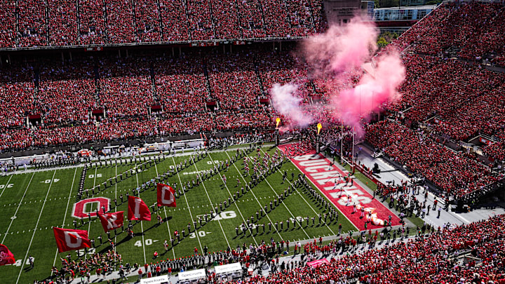 The Ohio State Buckeyes take the field before the game against Texas Longhorns at Ohio Stadium on Saturday, Aug. 30, 2025 in Columbus, Ohio.