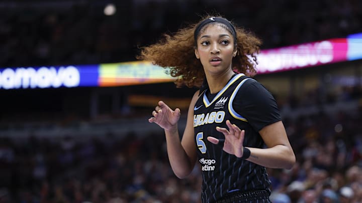 Jun 7, 2025; Chicago, Illinois, USA; Chicago Sky forward Angel Reese (5) reacts during the first half of a WNBA game against the Chicago Sky at United Center. Mandatory Credit: Kamil Krzaczynski-Imagn Images