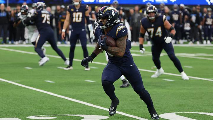Dec 27, 2025; Inglewood, California, USA; Los Angeles Chargers running back Omarion Hampton (8) runs after the catch against the Houston Texans during the second half at SoFi Stadium. Mandatory Credit: Kiyoshi Mio-Imagn Images Dec 27, 2025; Inglewood, California, USA; Los Angeles Chargers running back Omarion Hampton (8) runs after the catch against the Houston Texans during the second half at SoFi Stadium. Mandatory Credit: Kiyoshi Mio-Imagn Images