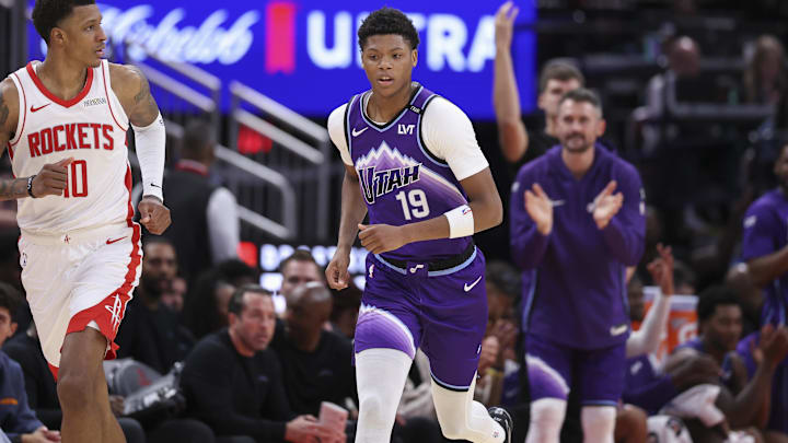 Oct 8, 2025; Houston, Texas, USA; Utah Jazz forward Ace Bailey (19) reacts after making a basket during the third quarter against the Houston Rockets at Toyota Center. Mandatory Credit: Troy Taormina-Imagn Images