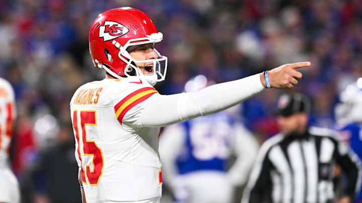 Nov 2, 2025; Orchard Park, New York, USA; Kansas City Chiefs quarterback Patrick Mahomes (15) reacts in the second half against the Buffalo Bills at Highmark Stadium. Mandatory Credit: Mark Konezny-Imagn Images