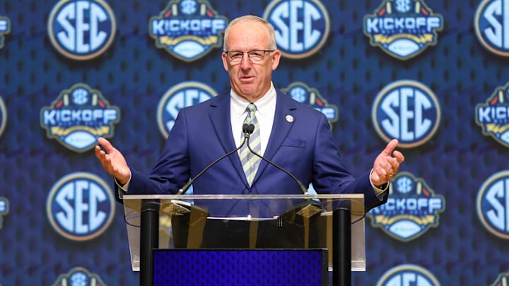 Jul 16, 2025; Atlanta, GA, USA; SEC commissioner Greg Sankey speaks to the media during the SEC Media Day.