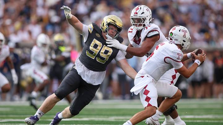 Sep 20, 2025; Atlanta, Georgia, USA; Georgia Tech Yellow Jackets defensive lineman Jordan van den Berg (99) rushes the passer against the Temple Owls in the second quarter at Bobby Dodd Stadium at Hyundai Field. Mandatory Credit: Brett Davis-Imagn Images Sep 20, 2025; Atlanta, Georgia, USA; Georgia Tech Yellow Jackets defensive lineman Jordan van den Berg (99) rushes the passer against the Temple Owls in the second quarter at Bobby Dodd Stadium at Hyundai Field. Mandatory Credit: Brett Davis-Imagn Images