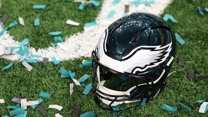 Feb 9, 2025; New Orleans, LA, USA; A Philadelphia Eagles player's helmet rests on the field after Super Bowl LIX against the Kansas City Chiefs at Caesars Superdome. Mandatory Credit: Geoff Burke-Imagn Images