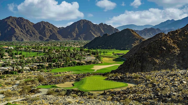 The par-3 16th at the PGA West Pete Dye Mountain course demands accuracy, after taking in the view.