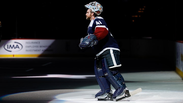 Dec 23, 2025; Denver, Colorado, USA; Colorado Avalanche goaltender Scott Wedgewood (41) after the game against the Utah Mammoth at Ball Arena. Mandatory Credit: Isaiah J. Downing-Imagn Images