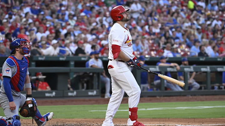 Jun 23, 2025; St. Louis, Missouri, USA; St. Louis Cardinals right fielder Alec Burleson (41) watches his two-run home run against the Chicago Cubs in the fifth inning at Busch Stadium. Mandatory Credit: Joe Puetz-Imagn Images