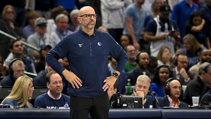 Apr 26, 2024; Dallas, Texas, USA; Dallas Mavericks head coach Jason Kidd looks on during the fourth