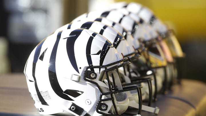 Nov 20, 2022; Pittsburgh, Pennsylvania, USA;  Cincinnati Bengals helmets on the sidelines before the