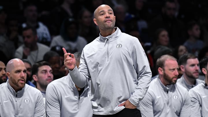 Mar 15, 2025; Brooklyn, New York, USA; Brooklyn Nets head coach Jordi Fernández during the first half against the Boston Celtics at Barclays Center. Mandatory Credit: John Jones-Imagn Images