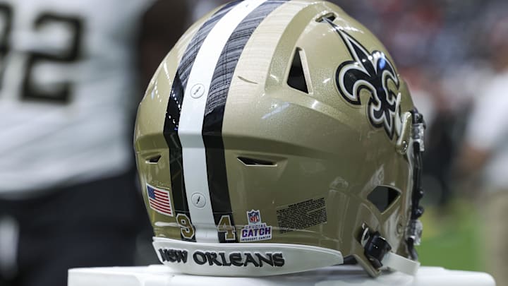 Oct 15, 2023; Houston, Texas, USA; View of a Crucial Catch logo on the helmet of New Orleans Saints defensive end Cameron Jordan (94) before the game against the Houston Texans at NRG Stadium. Mandatory Credit: Troy Taormina-Imagn Images