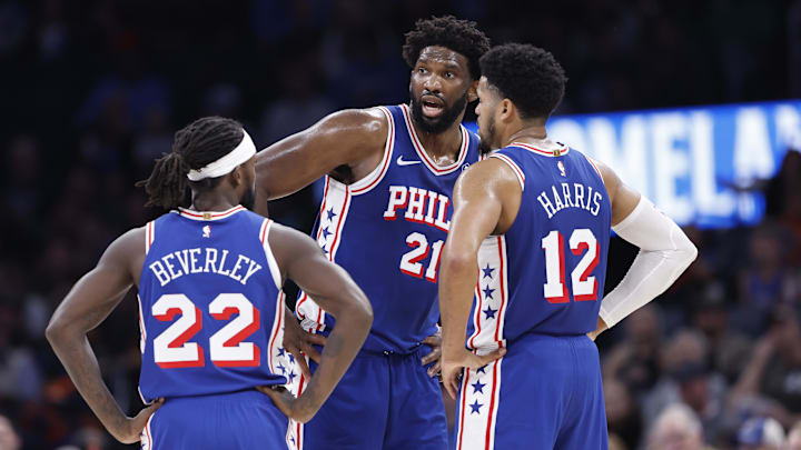 Nov 25, 2023; Oklahoma City, Oklahoma, USA; Philadelphia 76ers center Joel Embiid (21) talks to