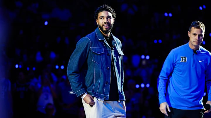 Oct 3, 2025; Durham, NC, USA;  Jayson Tatum, NBA Boston Celtic, helps coach alongside Duke Blue Devils head coach Jon Scheyer during the Countdown to Craziness at the Cameron Indoor Stadium. 