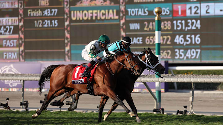 Nov 4, 2023; Santa Anita, CA, USA; Nobals (7), with jockey Gerardo Corrales up, beats Big Invasion (1) with jockey Joel Rosario up to win the BREEDERS' CUP TURF SPRINT during the 2023 Breeders' Cup World Championships at Santa Anita Park. Mandatory Credit: Kiyoshi Mio-Imagn Images Nov 4, 2023; Santa Anita, CA, USA; Nobals (7), with jockey Gerardo Corrales up, beats Big Invasion (1) with jockey Joel Rosario up to win the BREEDERS' CUP TURF SPRINT during the 2023 Breeders' Cup World Championships at Santa Anita Park. Mandatory Credit: Kiyoshi Mio-Imagn Images
