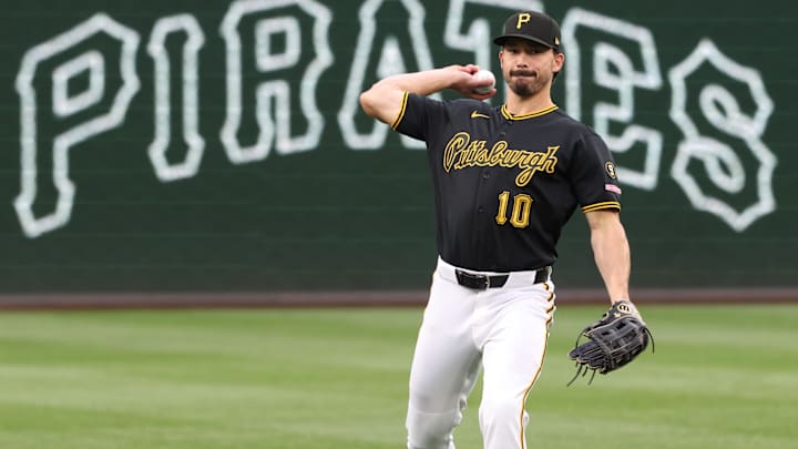 Apr 29, 2026; Pittsburgh, Pennsylvania, USA;  Pittsburgh Pirates left fielder Bryan Reynolds (10) warms up before the game against the St. Louis Cardinals at PNC Park. Mandatory Credit: Charles LeClaire-Imagn Images